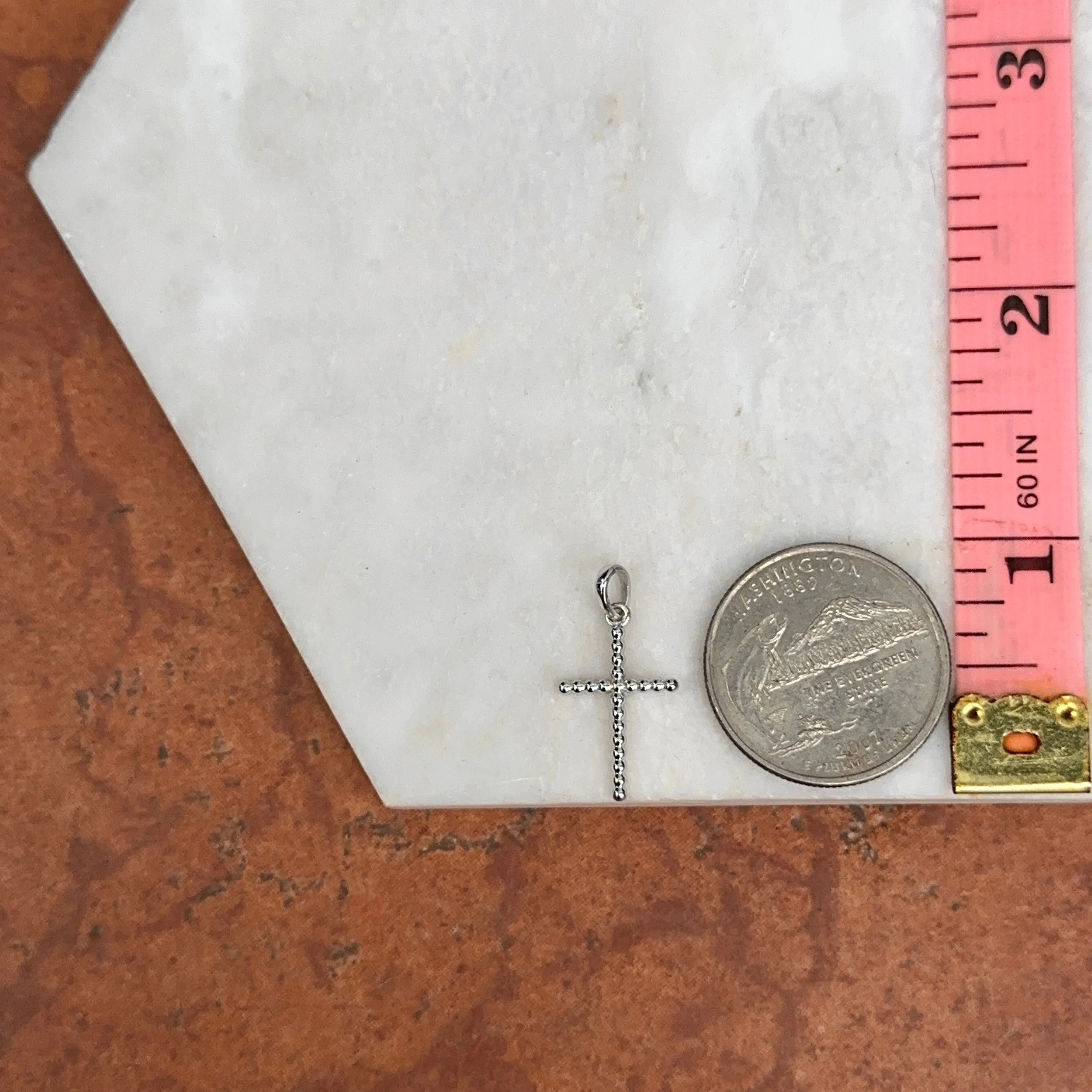 14KT White Gold Ball Beaded Cross Pendant Charm 17mm