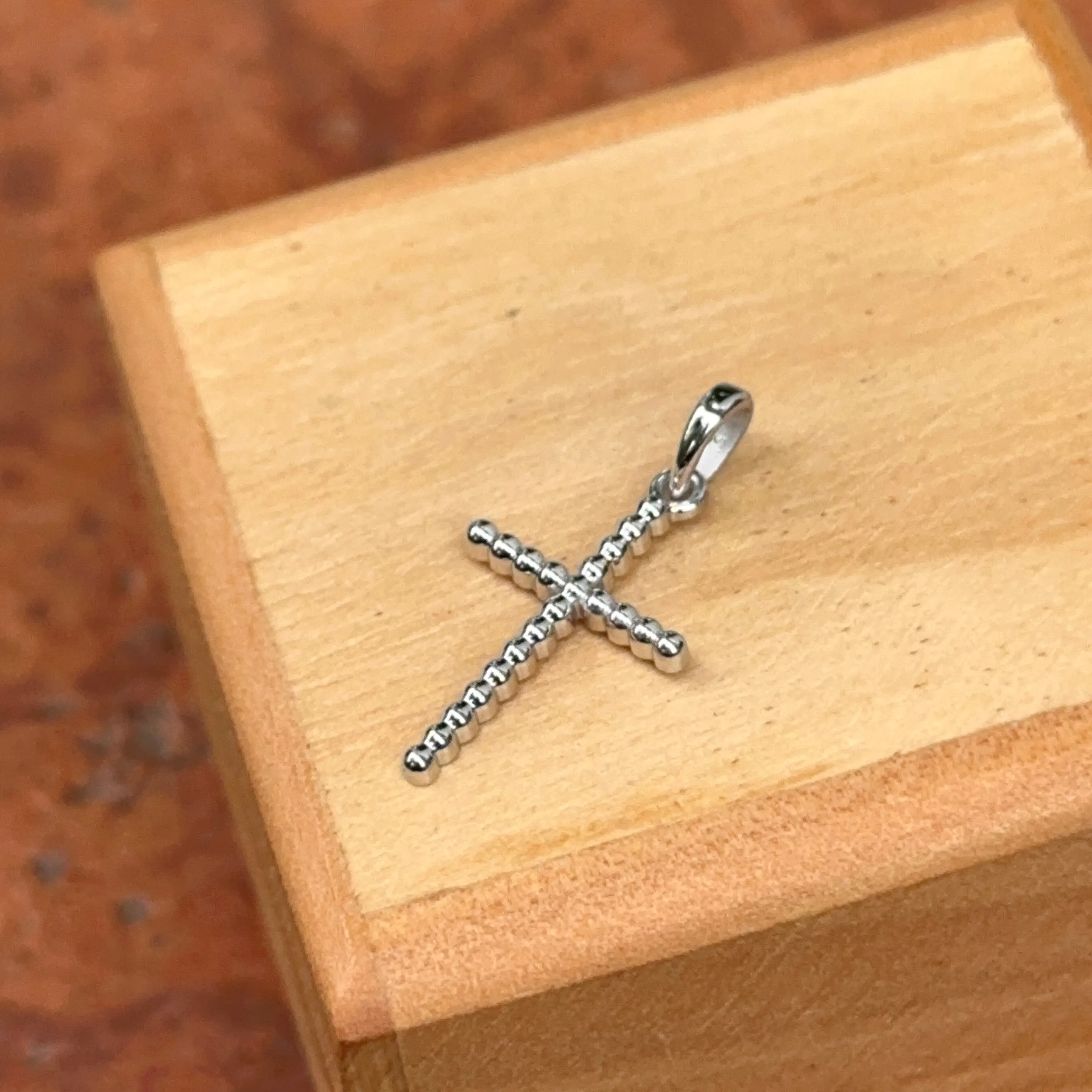 14KT White Gold Ball Beaded Cross Pendant Charm 17mm