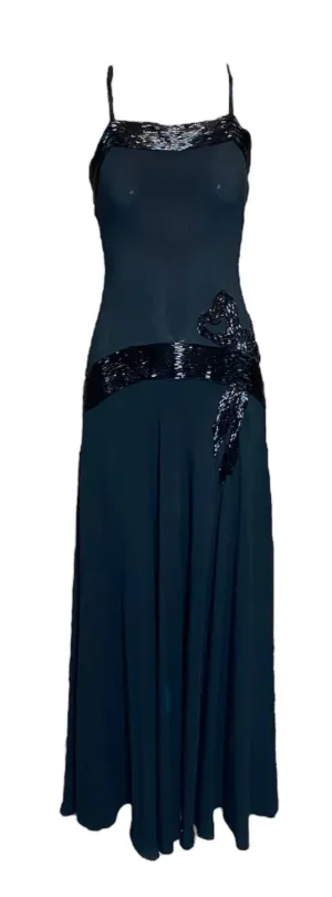 1930s Black Crepe Bias Cut Gown with Beaded Bow at Hip