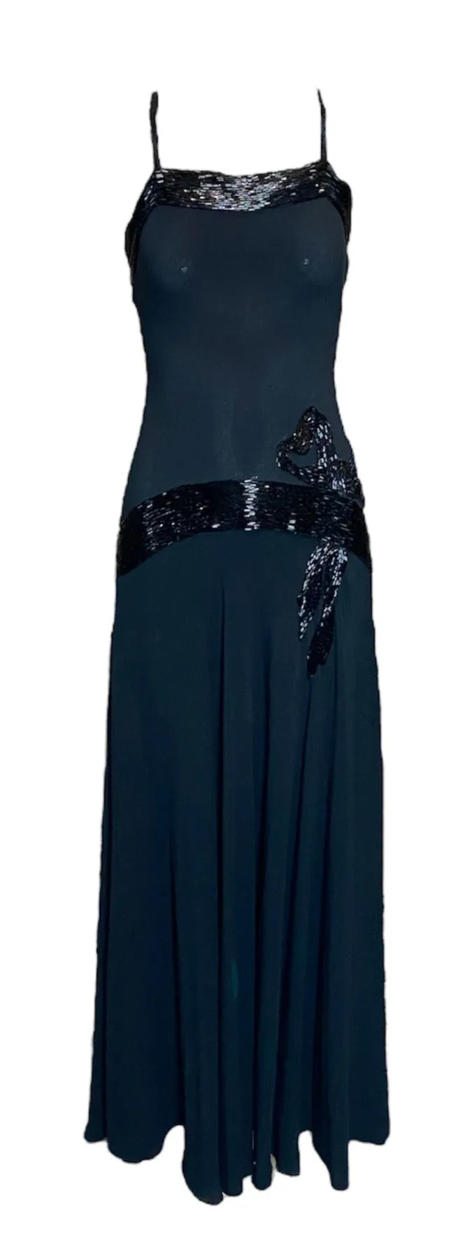 1930s Black Crepe Bias Cut Gown with Beaded Bow at Hip