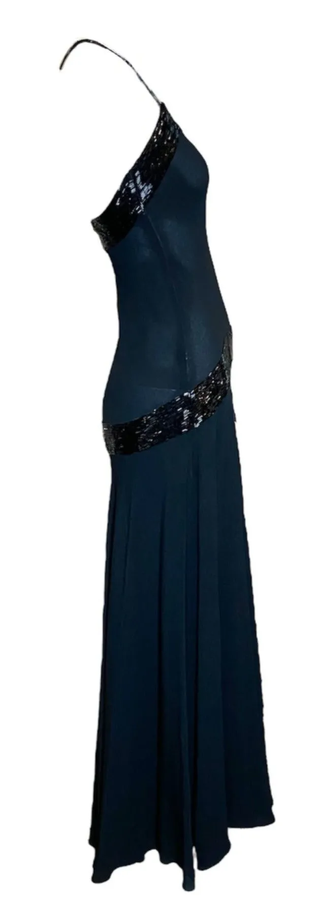 1930s Black Crepe Bias Cut Gown with Beaded Bow at Hip