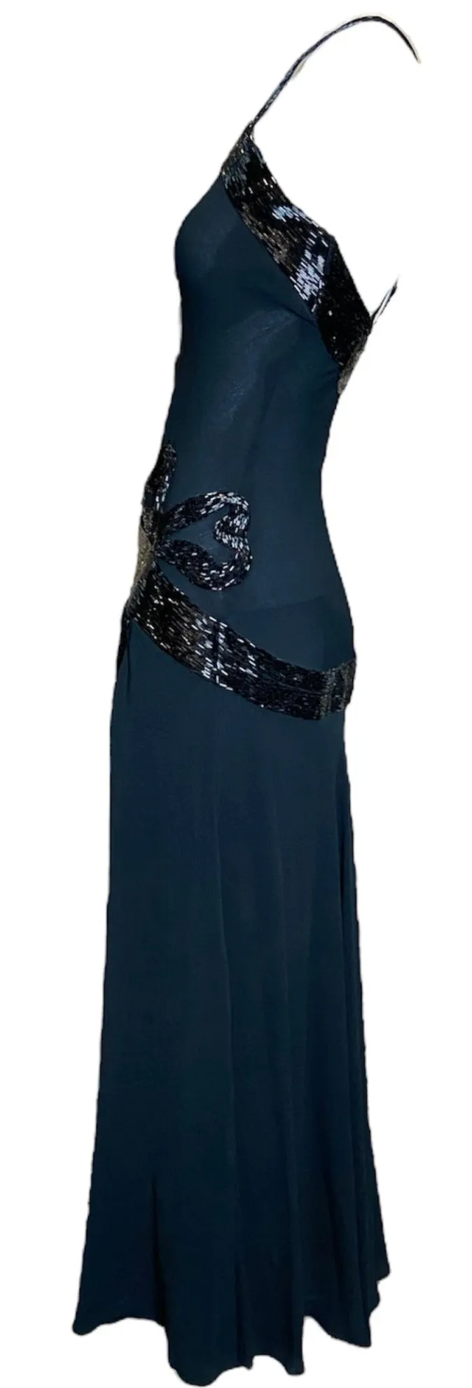 1930s Black Crepe Bias Cut Gown with Beaded Bow at Hip