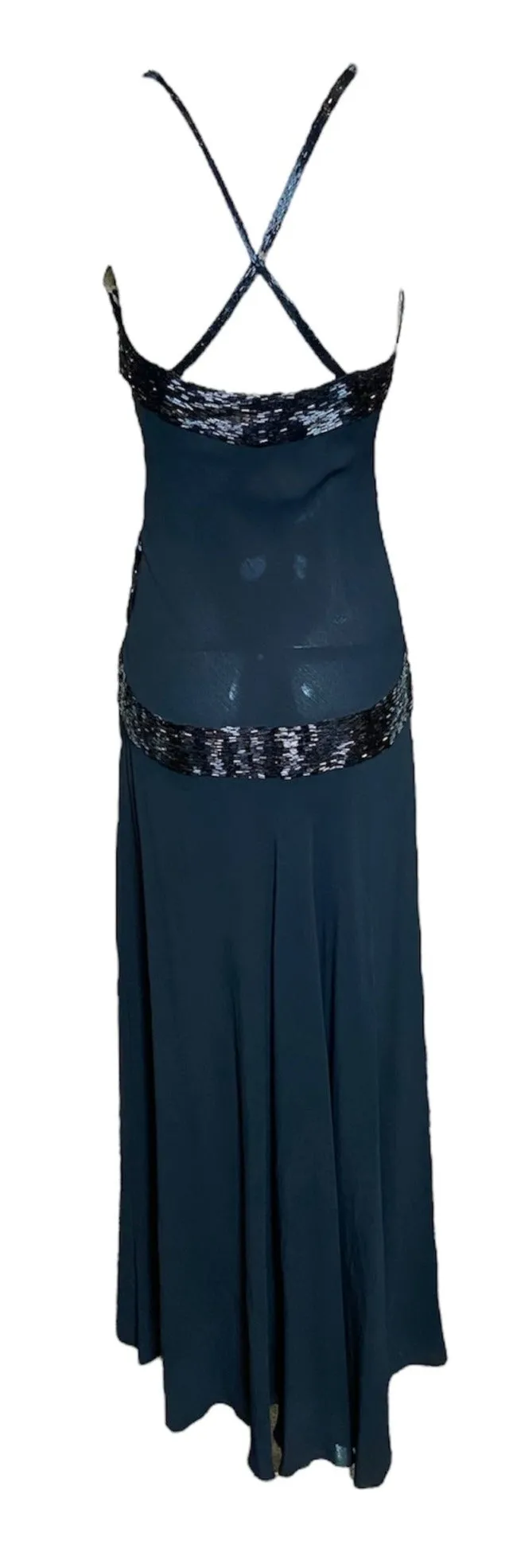 1930s Black Crepe Bias Cut Gown with Beaded Bow at Hip