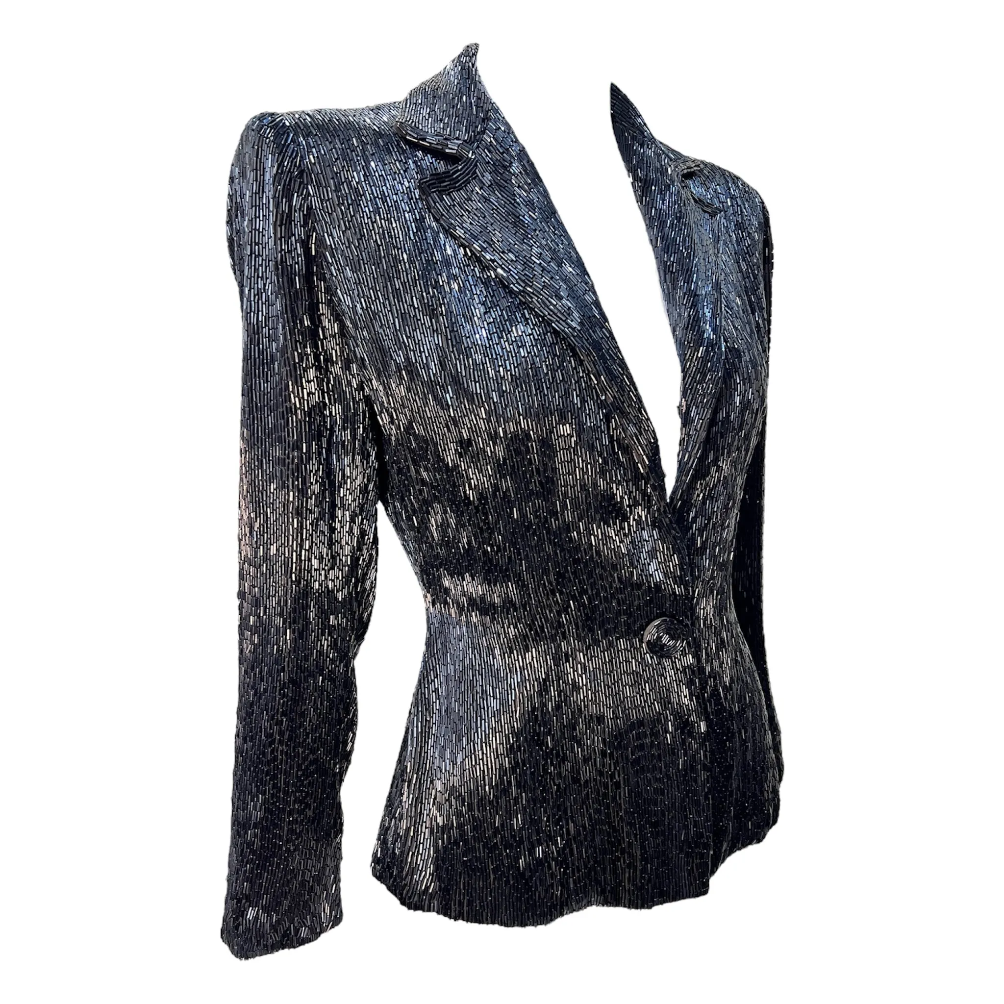 1940's Jet Black Solid Bugle Beaded Evening Blazer Jacket