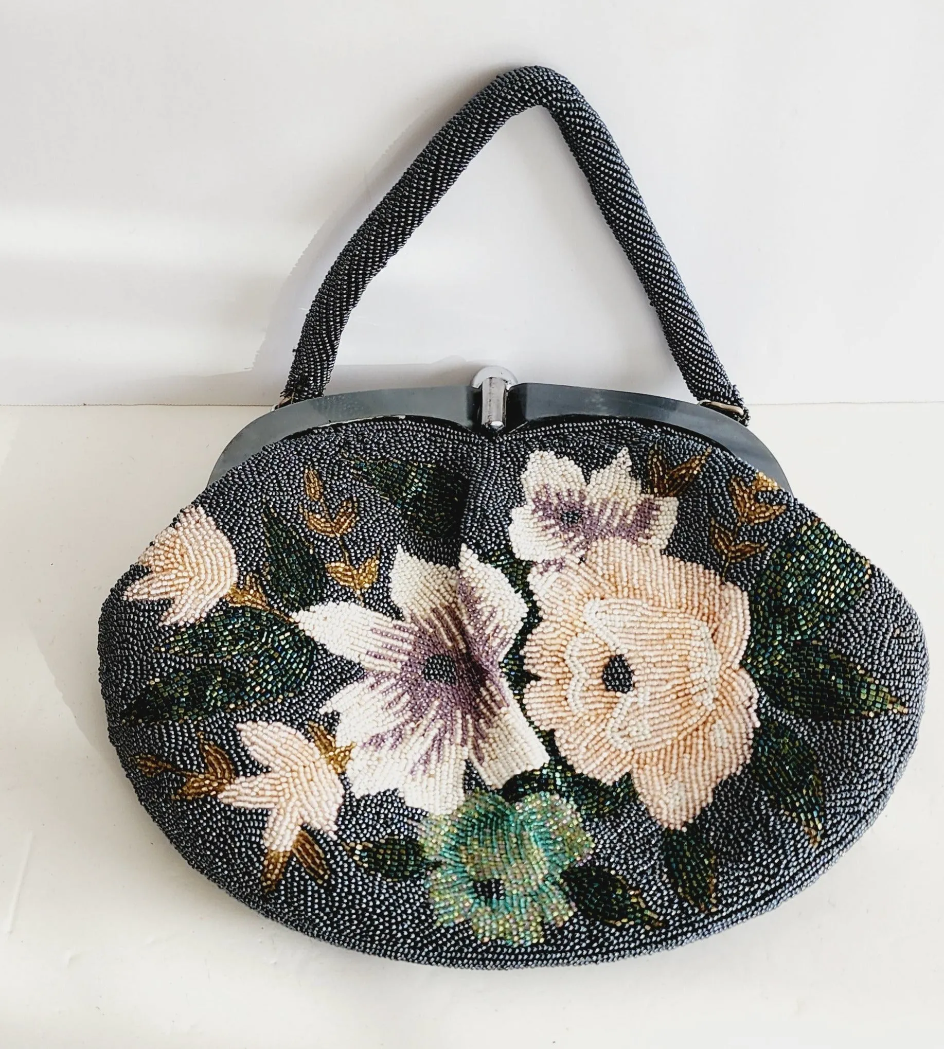 50s Beaded Handbag w/Top Handle, Gray Metallic Hematite Floral Design