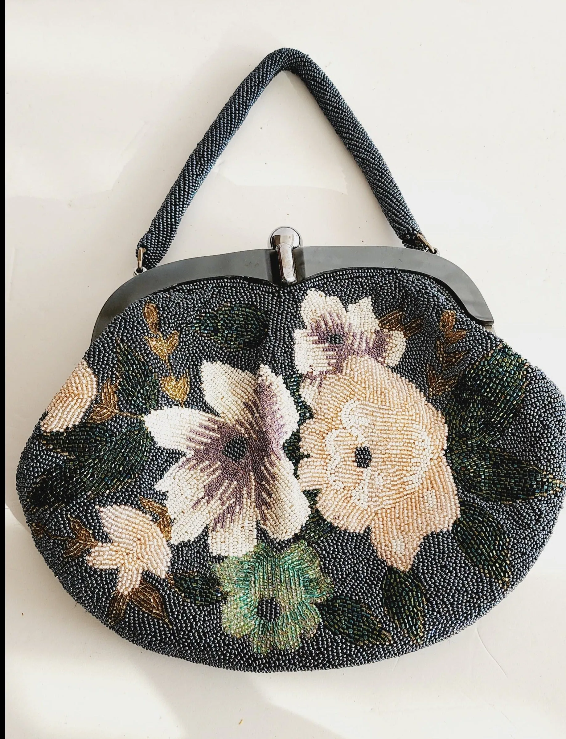 50s Beaded Handbag w/Top Handle, Gray Metallic Hematite Floral Design