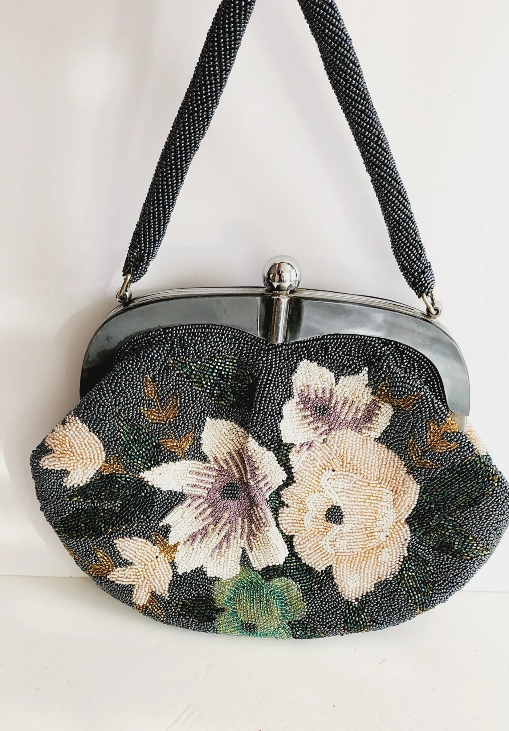 50s Beaded Handbag w/Top Handle, Gray Metallic Hematite Floral Design