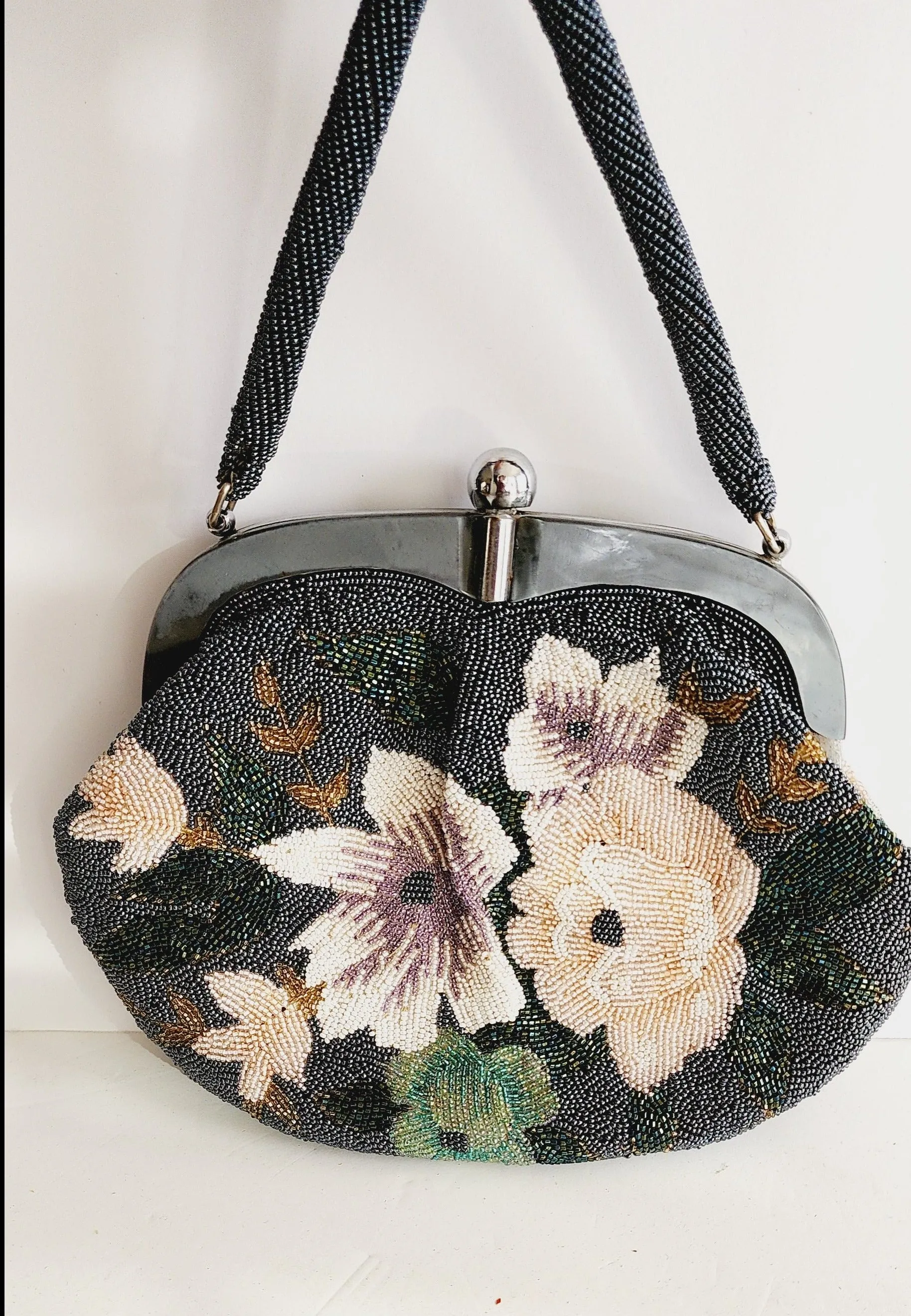 50s Beaded Handbag w/Top Handle, Gray Metallic Hematite Floral Design