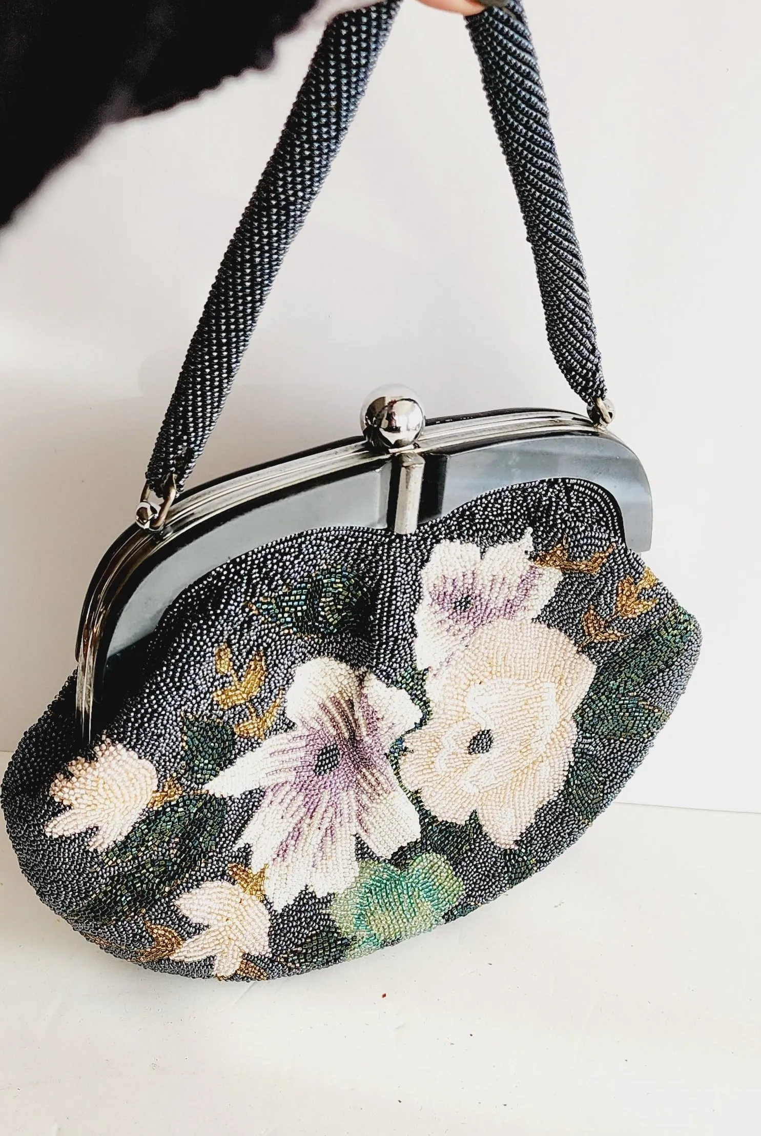 50s Beaded Handbag w/Top Handle, Gray Metallic Hematite Floral Design