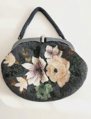 50s Beaded Handbag w/Top Handle, Gray Metallic Hematite Floral Design