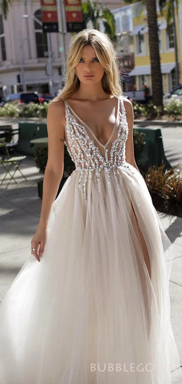 A-line Deep V-neck Tulle High Slit Long Beaded Evening Prom Dresses, MR8159