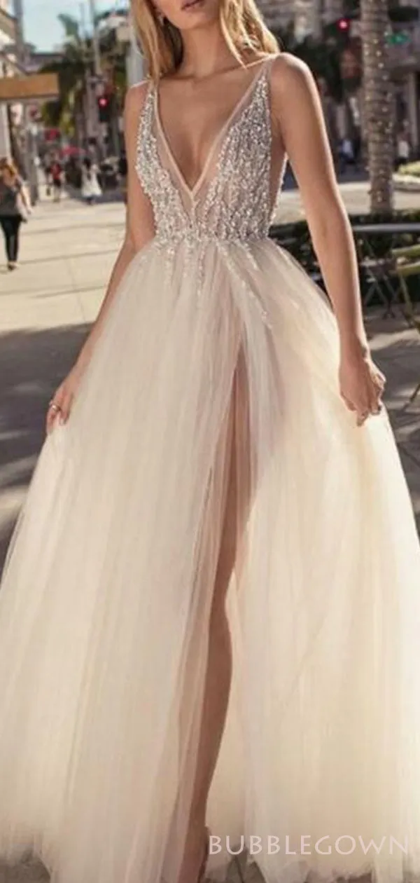 A-line Deep V-neck Tulle High Slit Long Beaded Evening Prom Dresses, MR8159