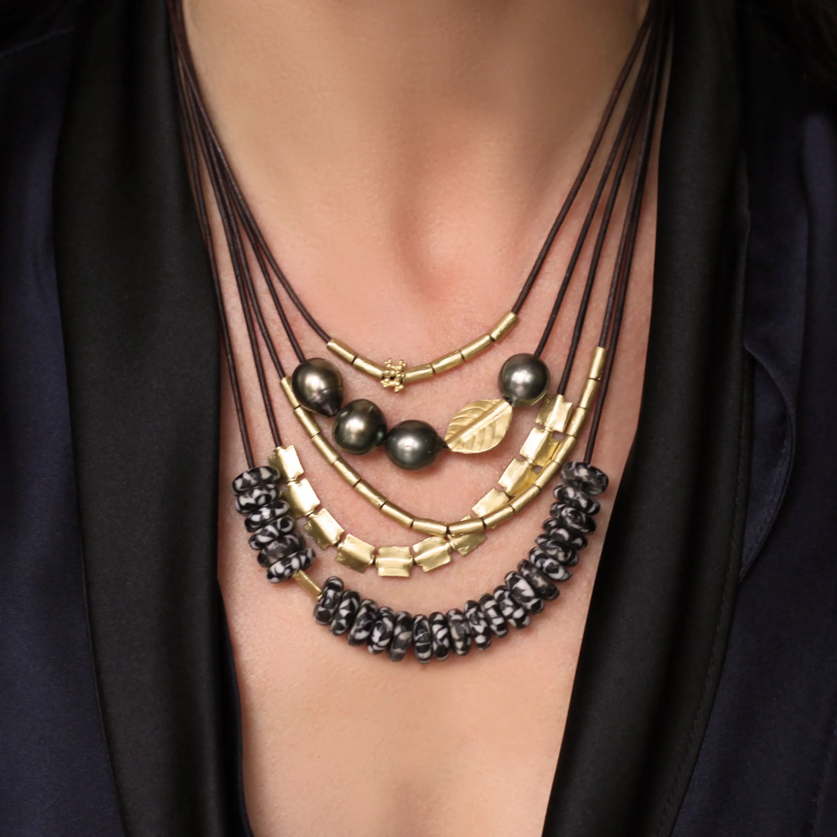 A South Sea Tahitian Pearl   Abstract Gold Leaf Bead Necklace