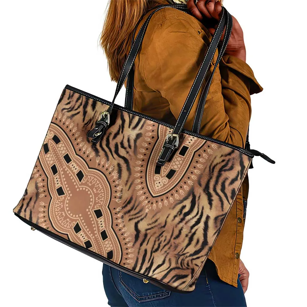 Afro Tiger Mix Dashiki Tribal Pattern Leather Tote Bag LT9