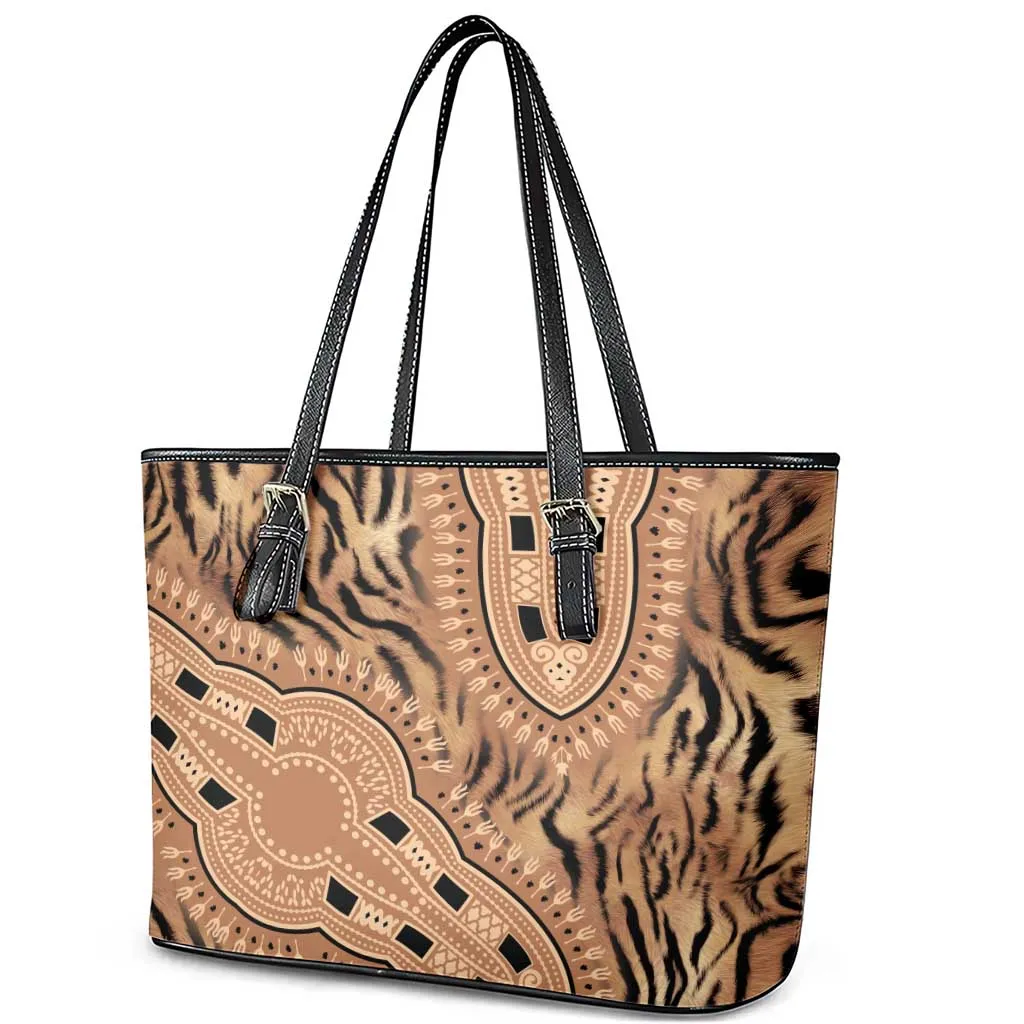 Afro Tiger Mix Dashiki Tribal Pattern Leather Tote Bag LT9