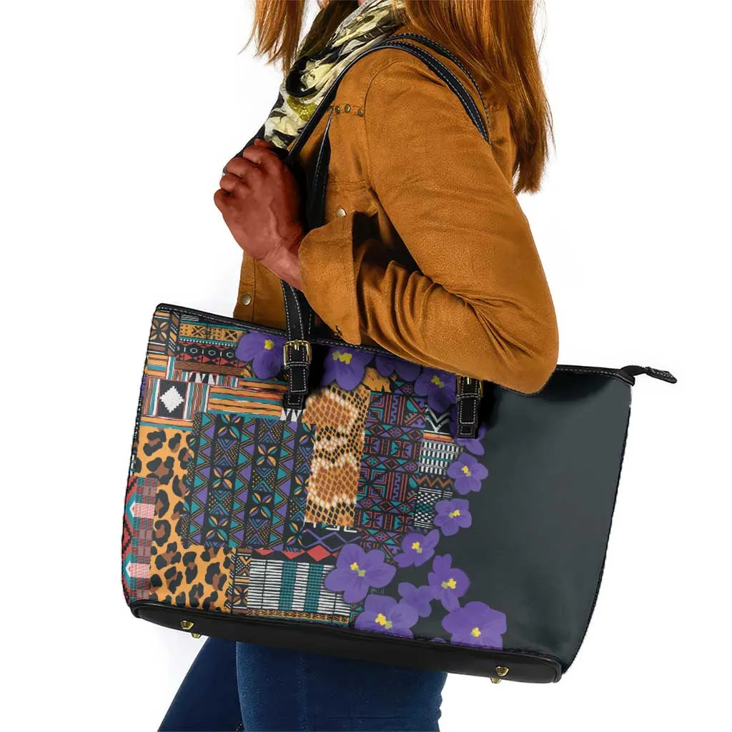Afro Violets Flowers Leather Tote Bag Mix Native Tribal Pattern LT9