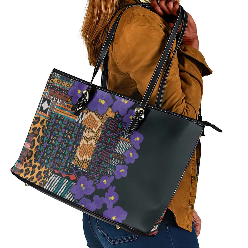 Afro Violets Flowers Leather Tote Bag Mix Native Tribal Pattern LT9
