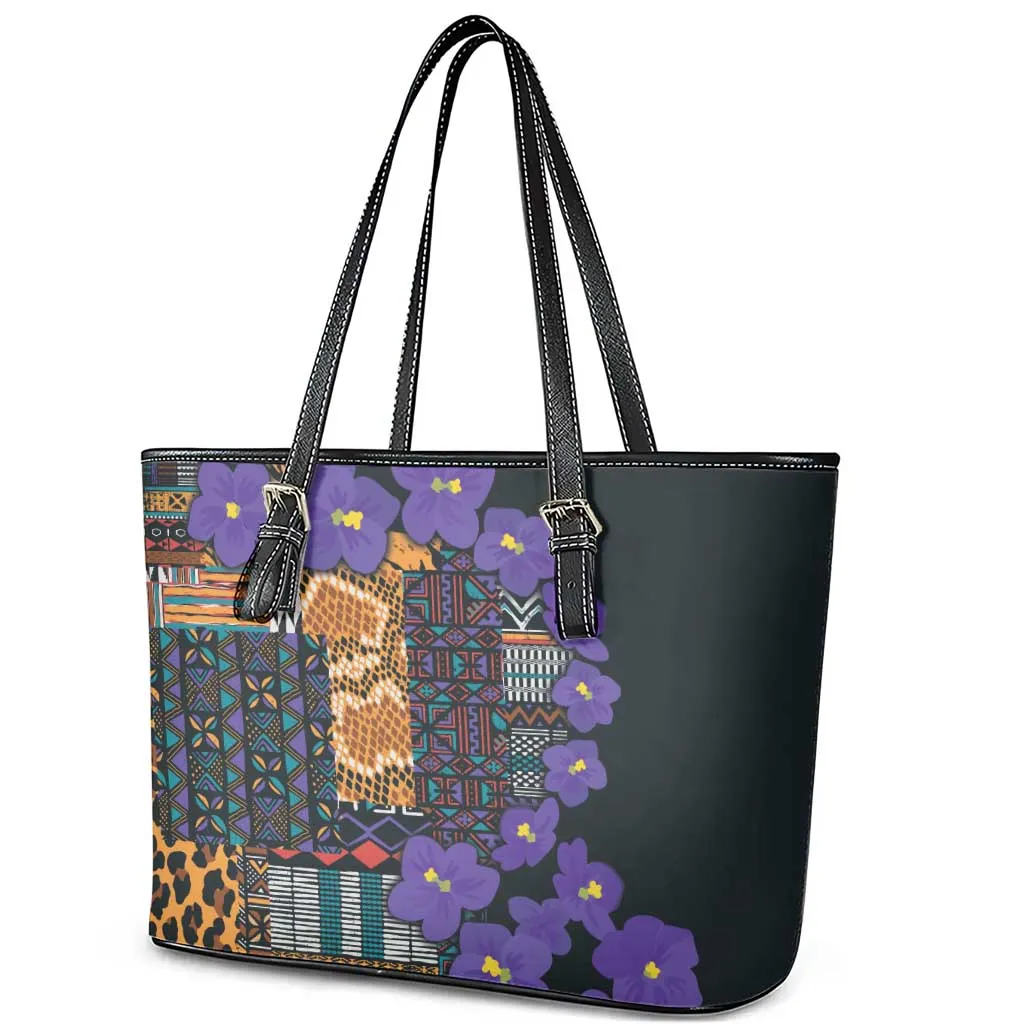 Afro Violets Flowers Leather Tote Bag Mix Native Tribal Pattern LT9