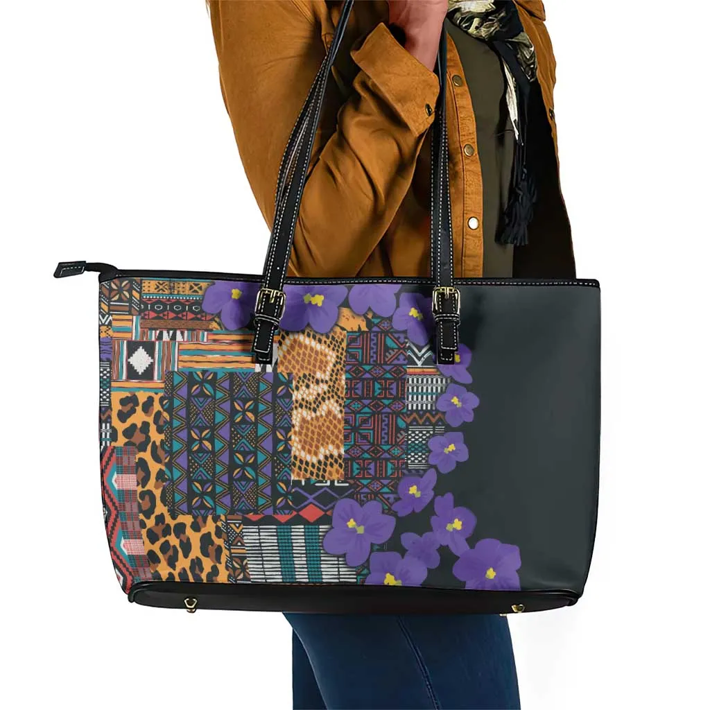 Afro Violets Flowers Leather Tote Bag Mix Native Tribal Pattern LT9
