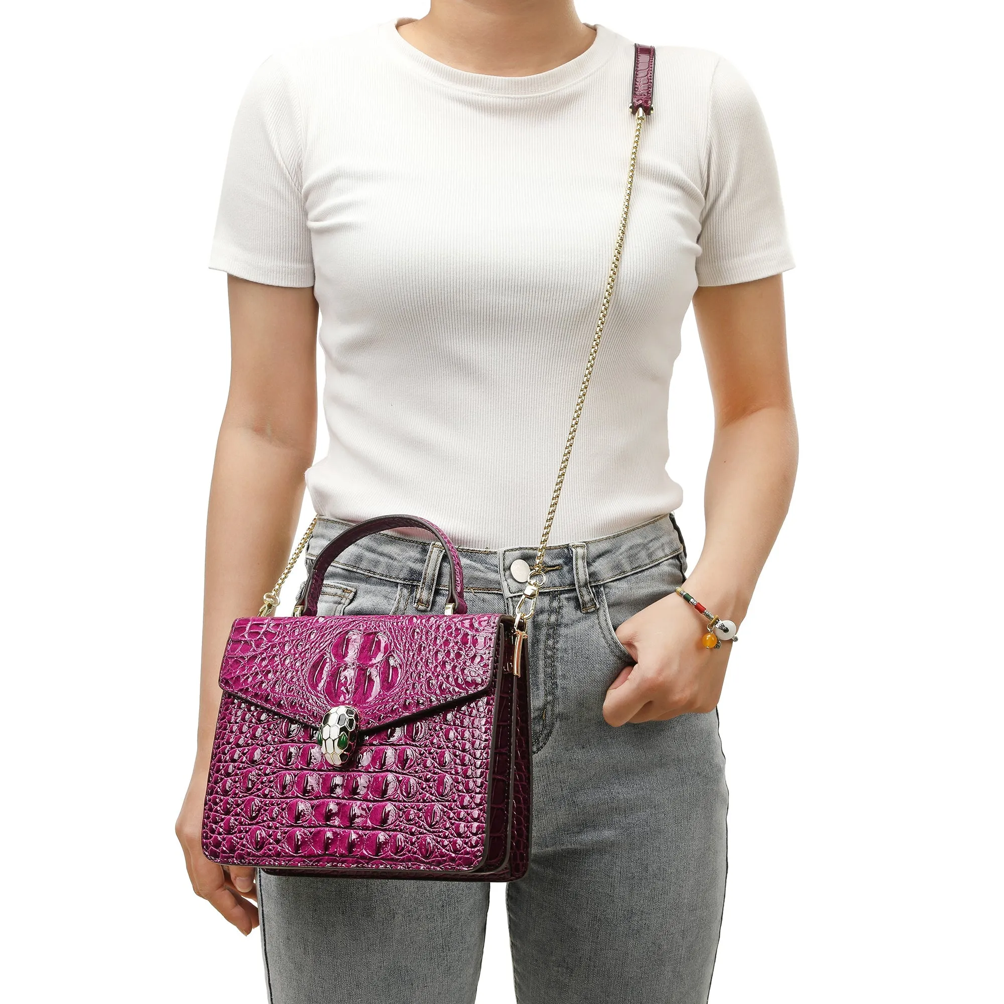 Alligator Embossed Leather Top-handle Shoulder Bag