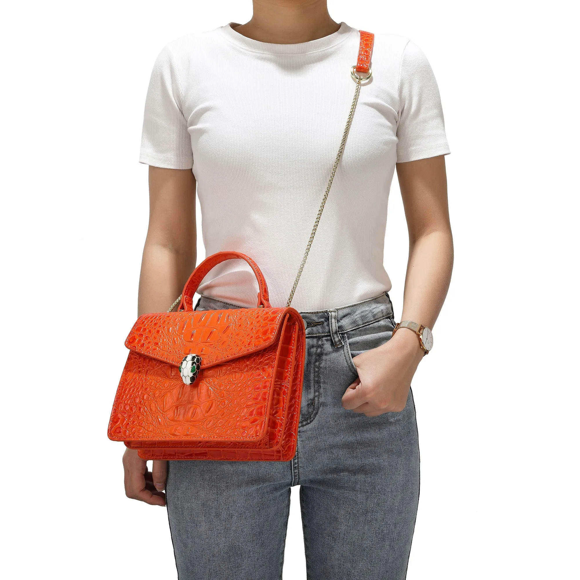 Alligator Embossed Leather Top-handle Shoulder Bag