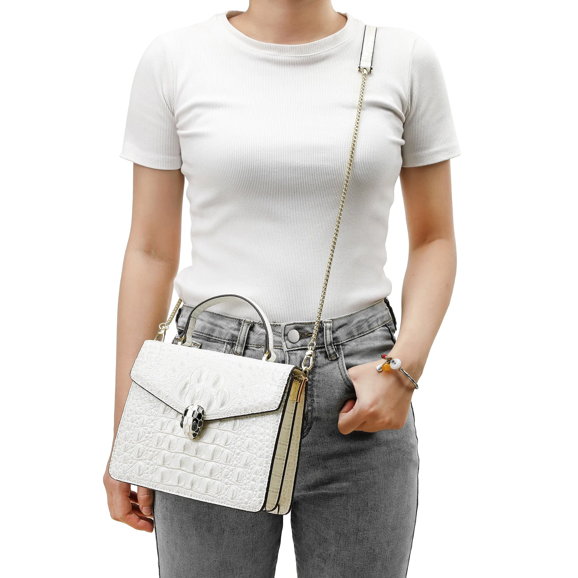 Alligator Embossed Leather Top-handle Shoulder Bag