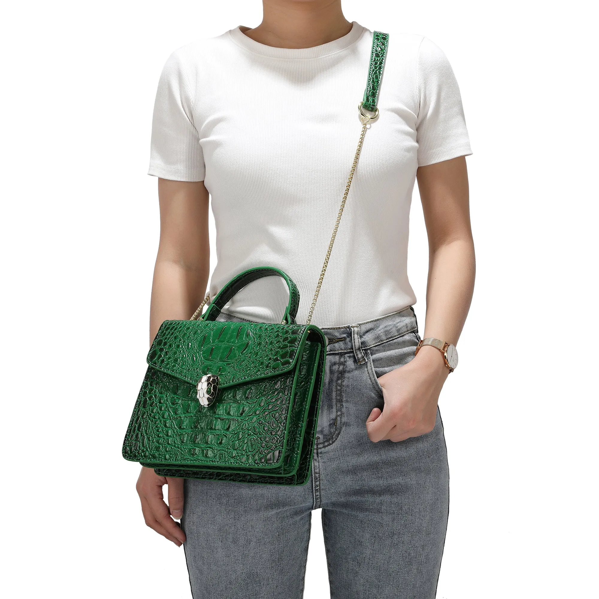 Alligator Embossed Leather Top-handle Shoulder Bag