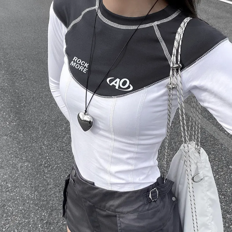 American Street Mechanical Style Bright Line Design Contrast ColorTWomen's T-shirt round Neck Letter Print Slim Long Sleeve Top Trendy
