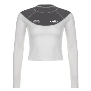 American Street Mechanical Style Bright Line Design Contrast ColorTWomen's T-shirt round Neck Letter Print Slim Long Sleeve Top Trendy