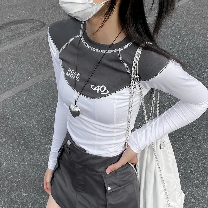 American Street Mechanical Style Bright Line Design Contrast ColorTWomen's T-shirt round Neck Letter Print Slim Long Sleeve Top Trendy