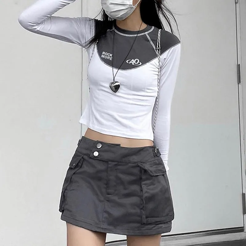 American Street Mechanical Style Bright Line Design Contrast ColorTWomen's T-shirt round Neck Letter Print Slim Long Sleeve Top Trendy