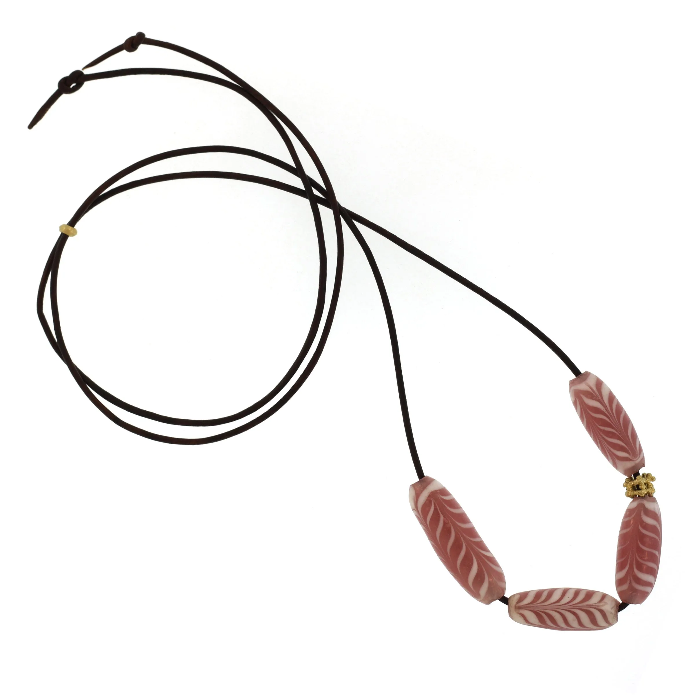 An Indonesian Pink   White Swirl Glass Bead Necklace