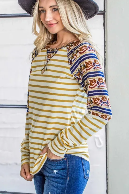 And The Why Stripe Ethnic Print Raglan Top