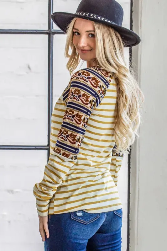 And The Why Stripe Ethnic Print Raglan Top
