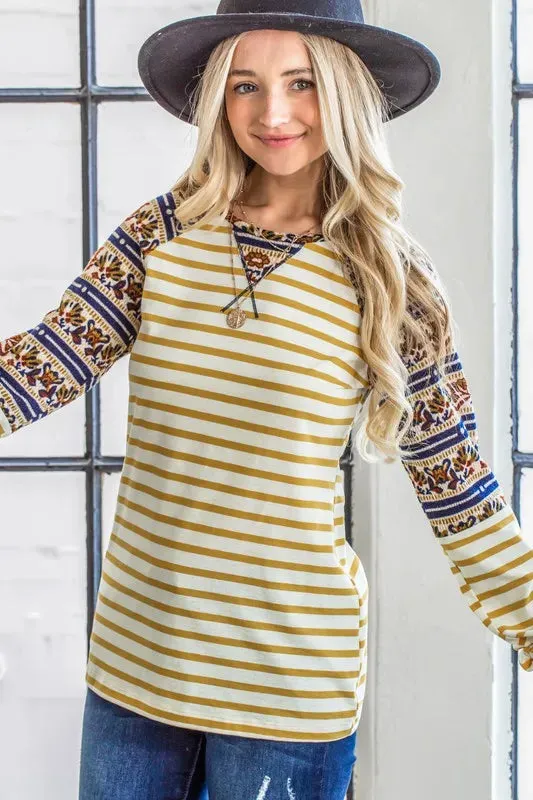 And The Why Stripe Ethnic Print Raglan Top