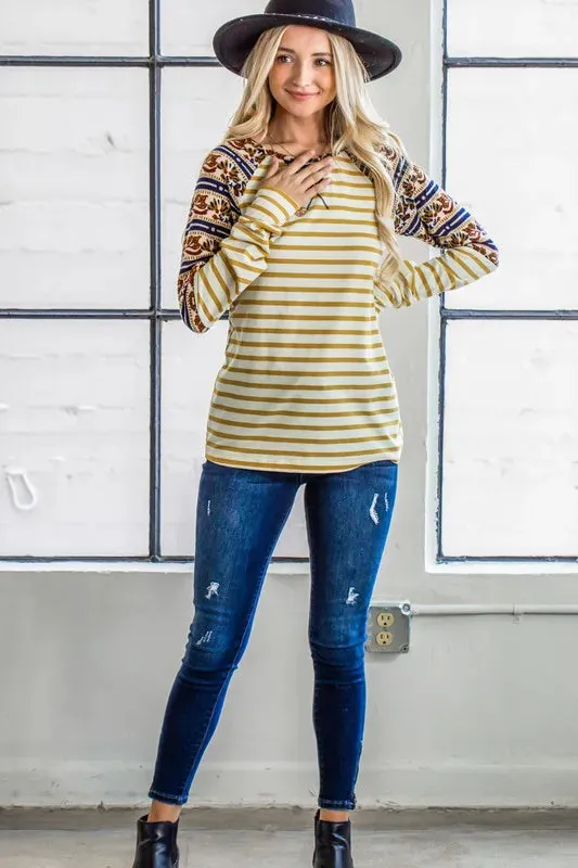 And The Why Stripe Ethnic Print Raglan Top