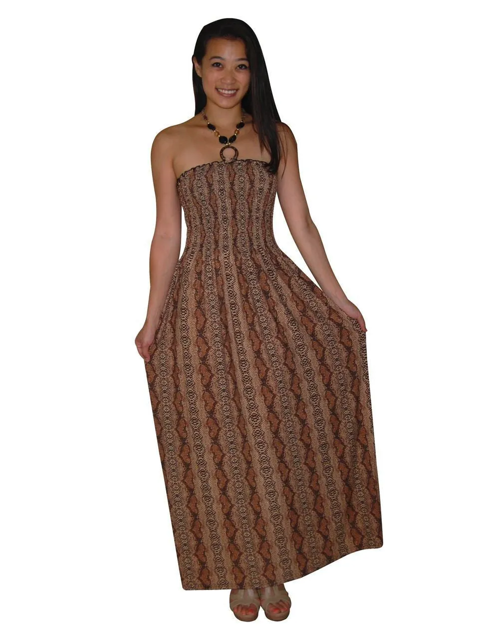 Animal Print Silky Strapless Dress Brown Snake Skin Tribal
