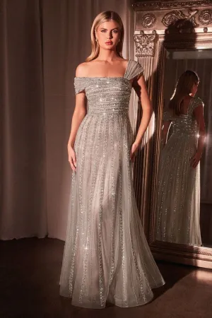 Asymmetrical Off The Shoulder A-Line Beaded Gown (CD0238)