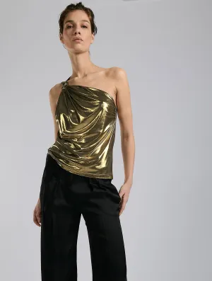 Asymmetrical top in gold metallic jersey