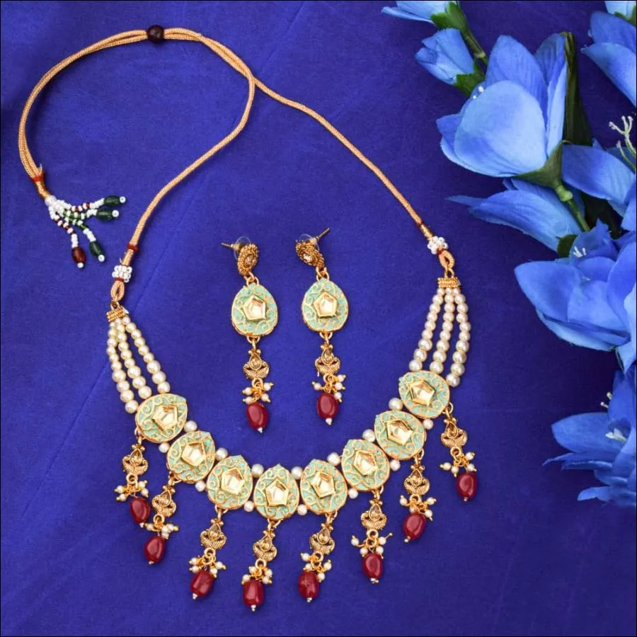 Atiheya Golden Green Kundan Ruby Pearls Choker Necklace-Earrings Set