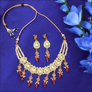 Atiheya Golden Green Kundan Ruby Pearls Choker Necklace-Earrings Set