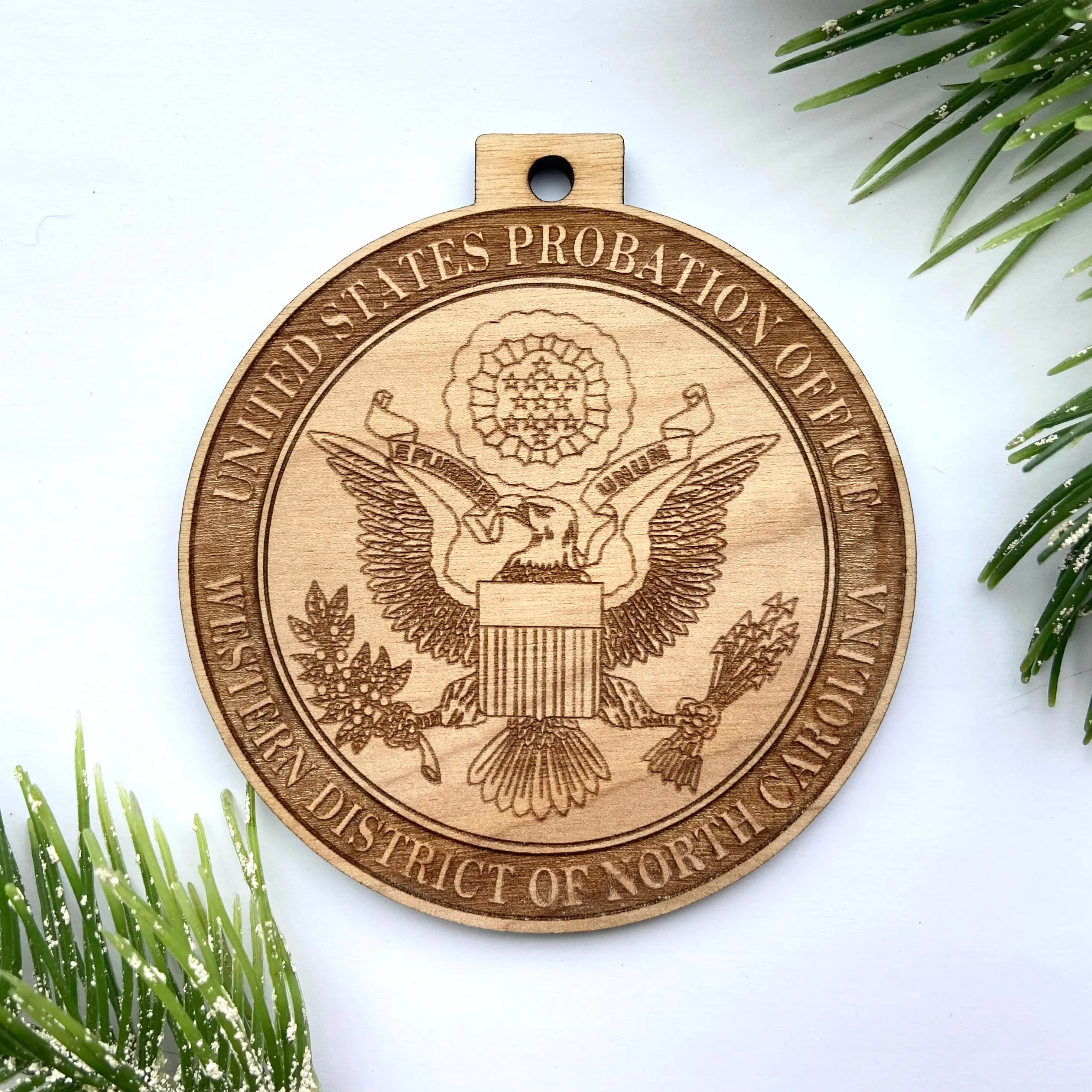 Badge Shaped  "Your Logo Here" Engraved Wood Christmas Ornament