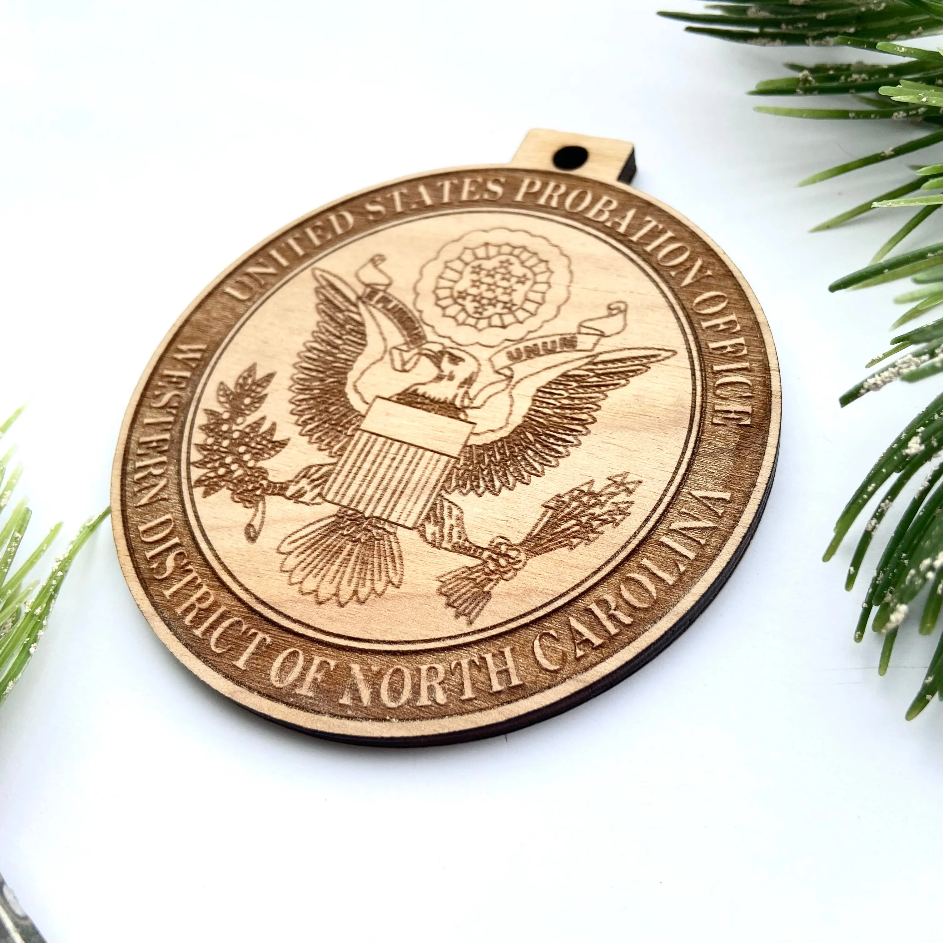 Badge Shaped  "Your Logo Here" Engraved Wood Christmas Ornament