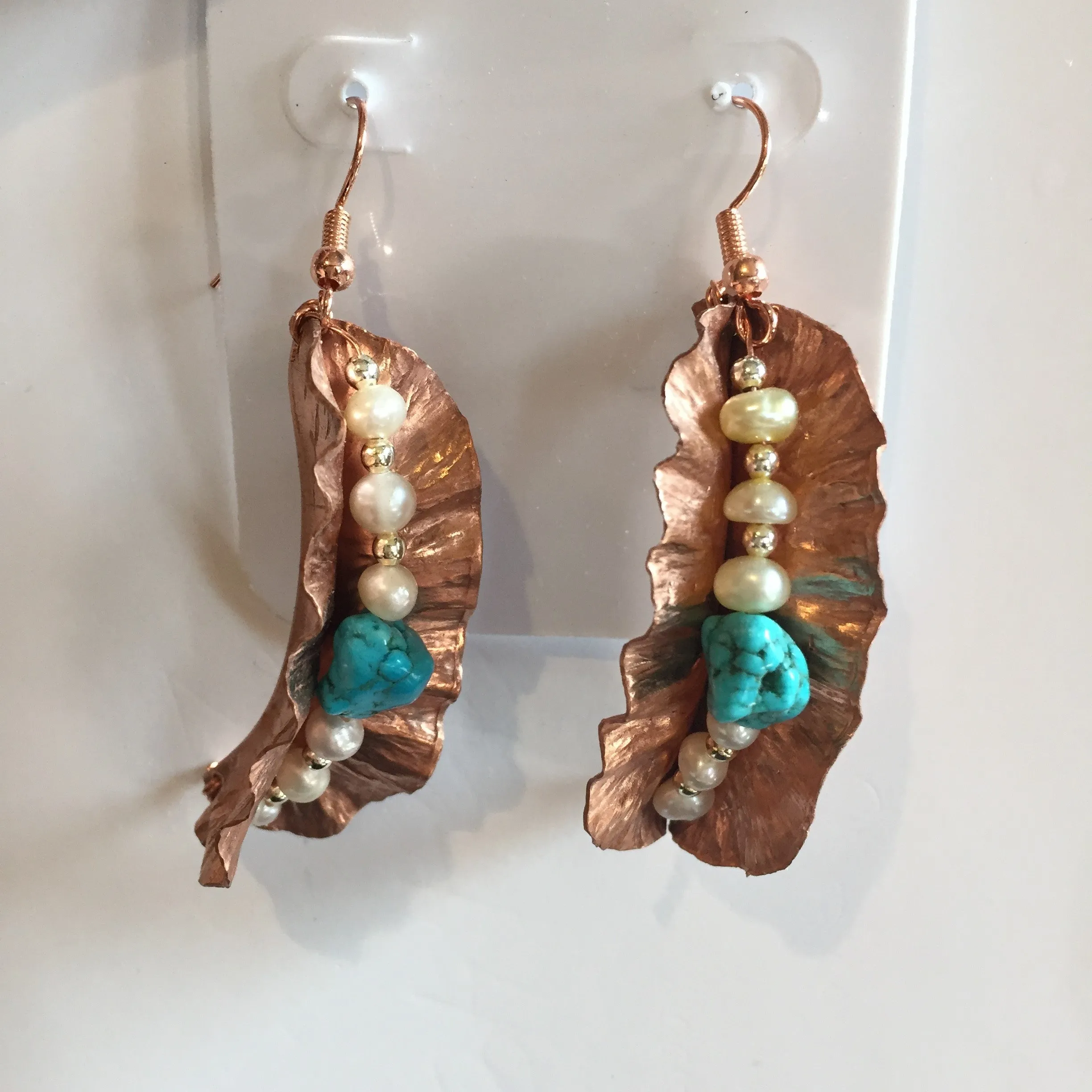 BEADED COPPER PEARL/TURQUOISE EARRINGS