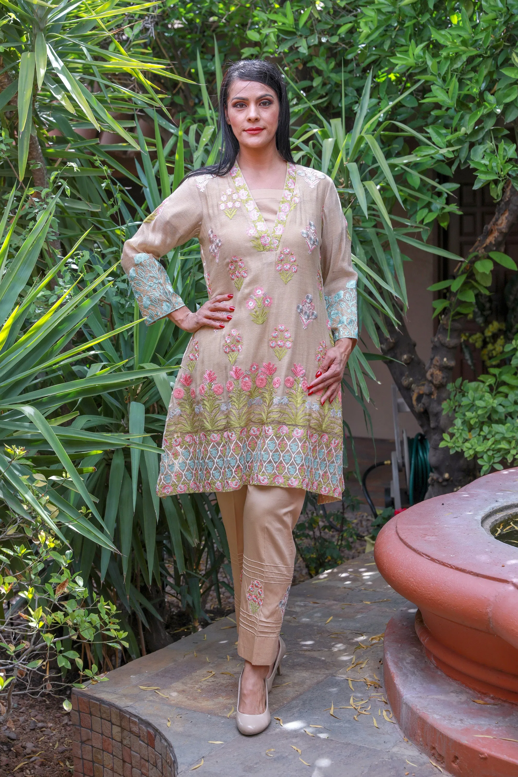 Beige Cotton Salwar Kameez -  Designer Khaadi Suit