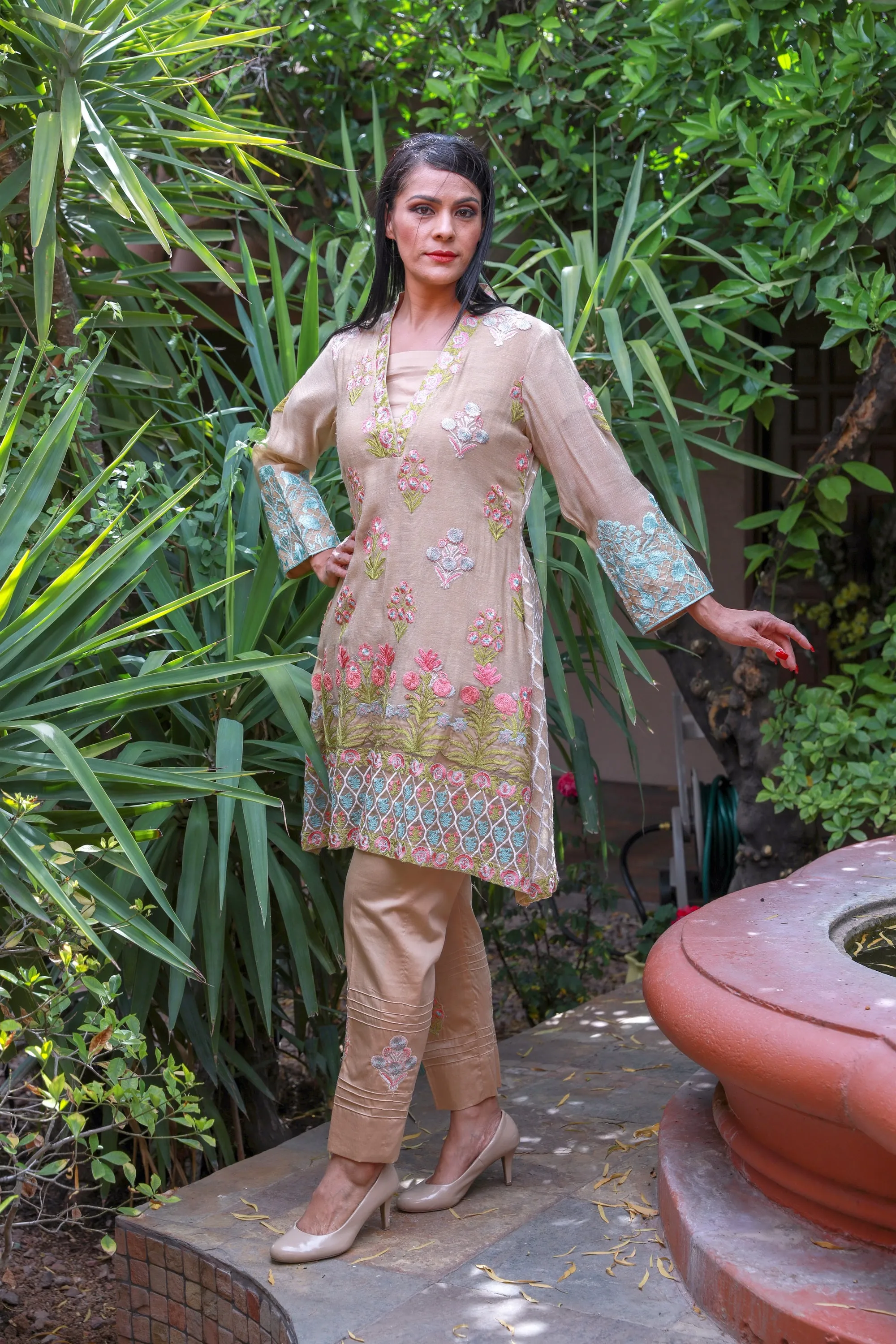 Beige Cotton Salwar Kameez -  Designer Khaadi Suit