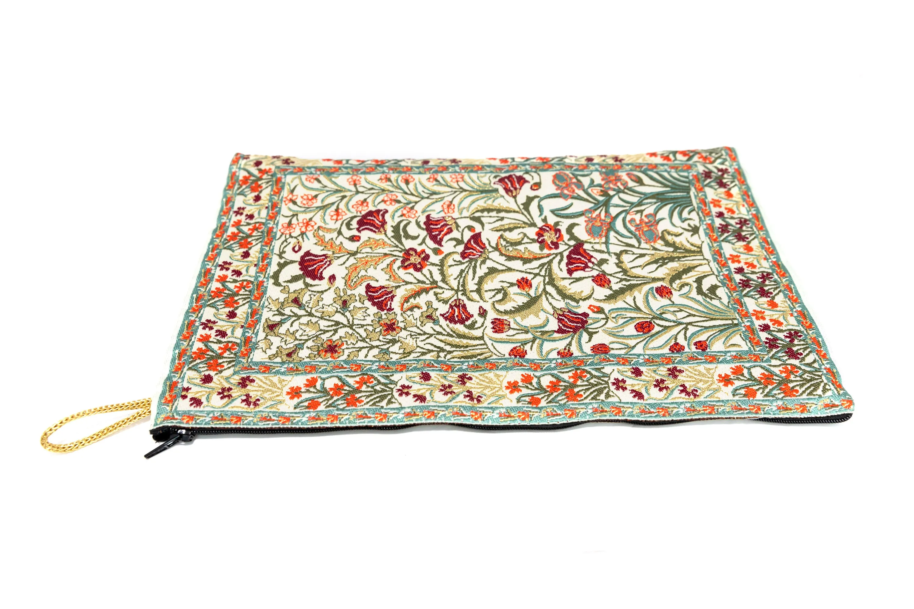 Beige Cotton Silk Floral Embroidered Pouch - Bag