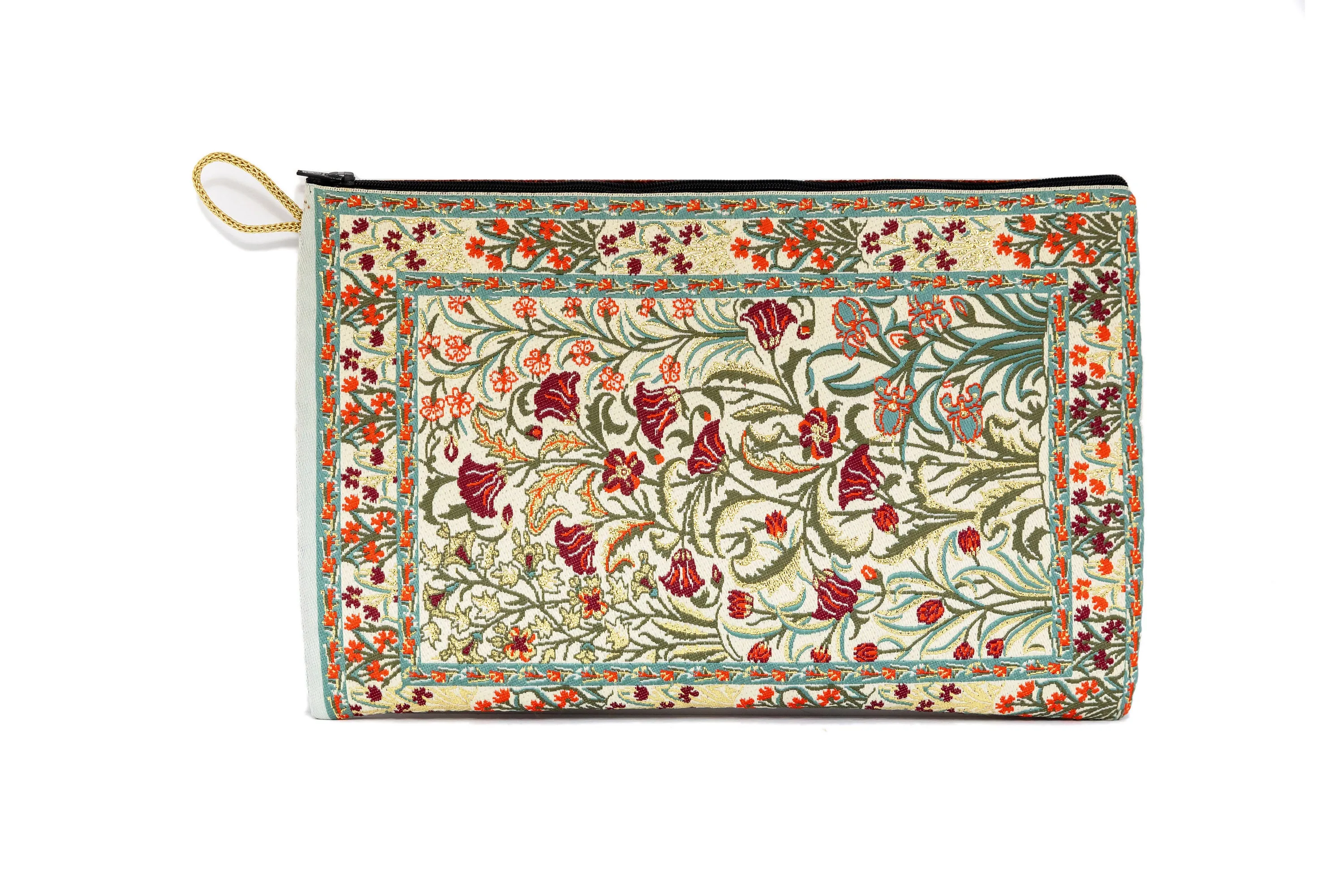Beige Cotton Silk Floral Embroidered Pouch - Bag
