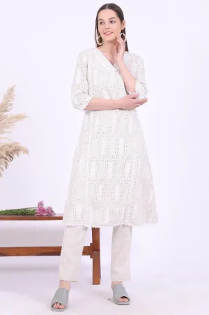 Beige Embroidered A-Line Kurta & Trousers Set