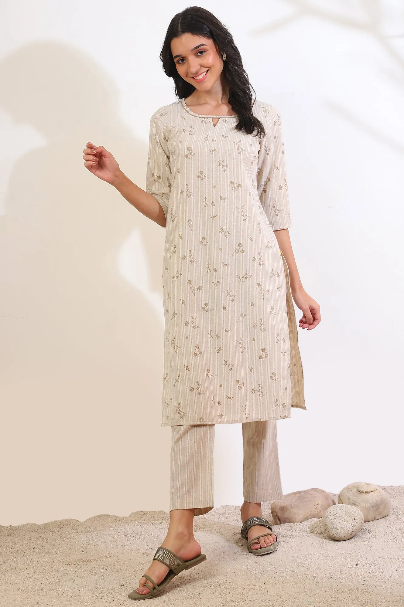 Beige Printed Cotton Blend Straight Kurta & Trousers Set
